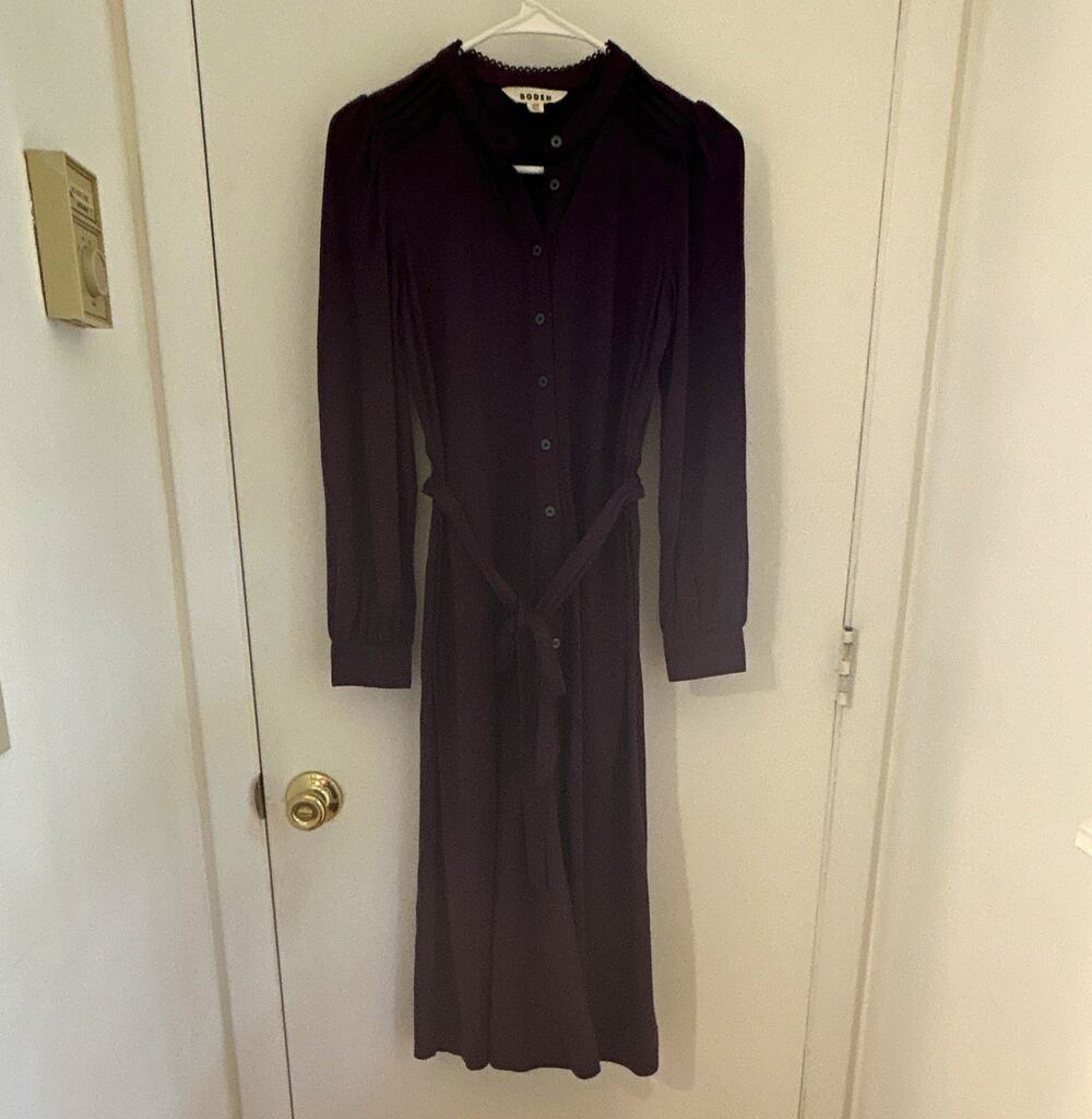 Boden Purple Solid Shirt Dress Midi Belted Button Front Long Sleeve Size 2